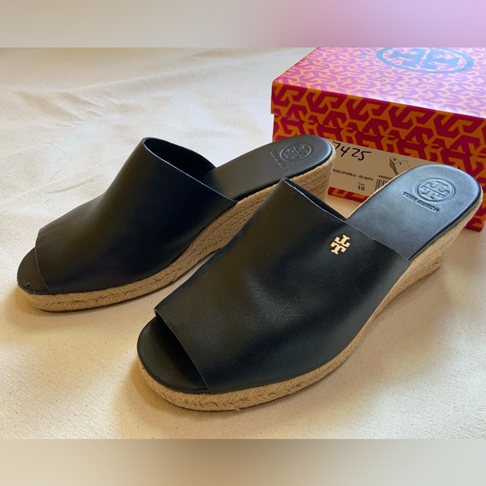 Tory Burch Landon 55 MM Wedge Black Espadrille Slides 10